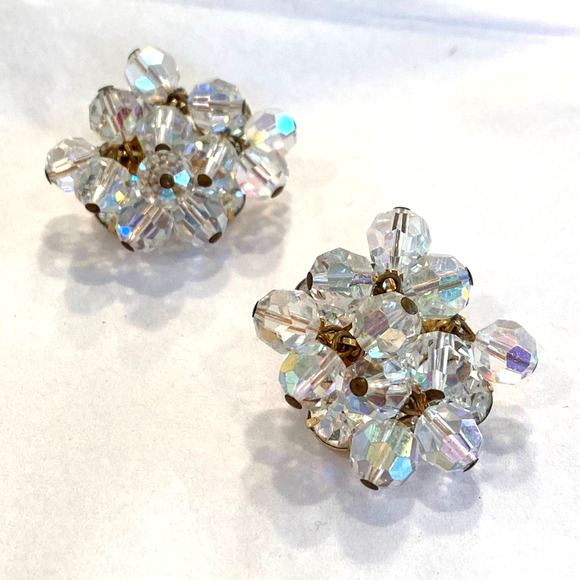 Vintage clip on earrings clear crystal clusters dangles movement retro bling - Picture 1 of 4